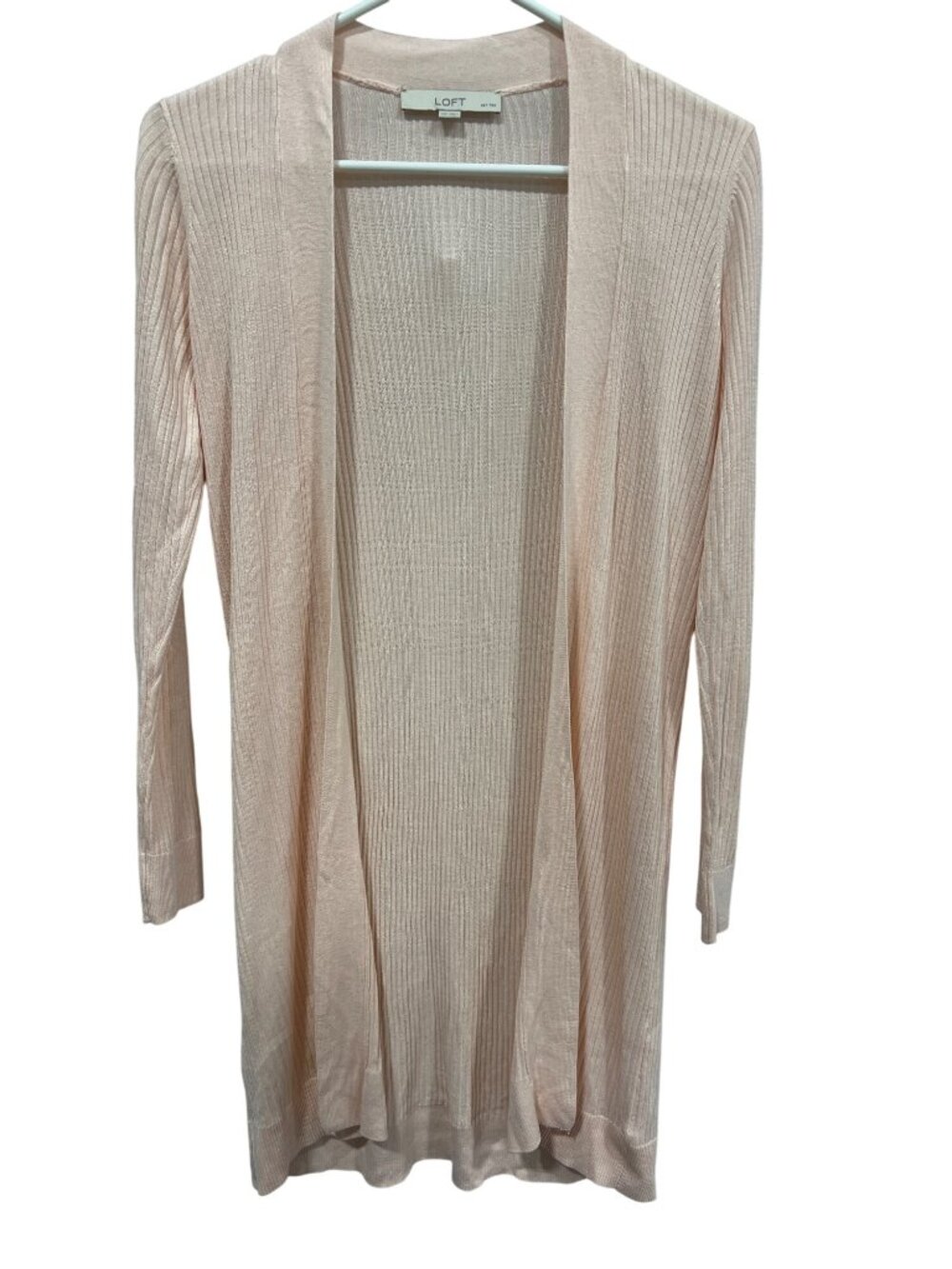 LOFT Cardigan Sweater XS Petite Open Front Ribbed Long Sleeve Pink Cozy Knitwear